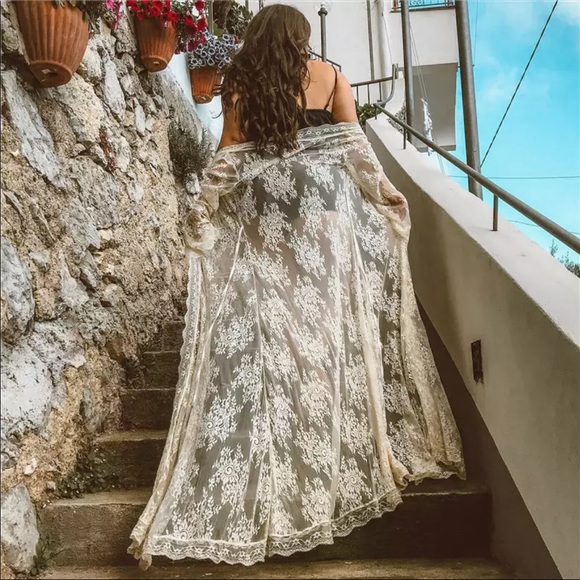 White Maxi Kimono Beach Cover Up Lace Duster - Picture 2 of 5